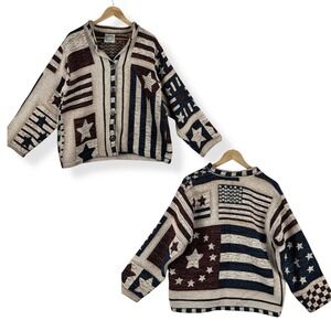 Sugar Street Weavers USA Flag Tapestry Cardigan Womens Size Large Vintage 90s